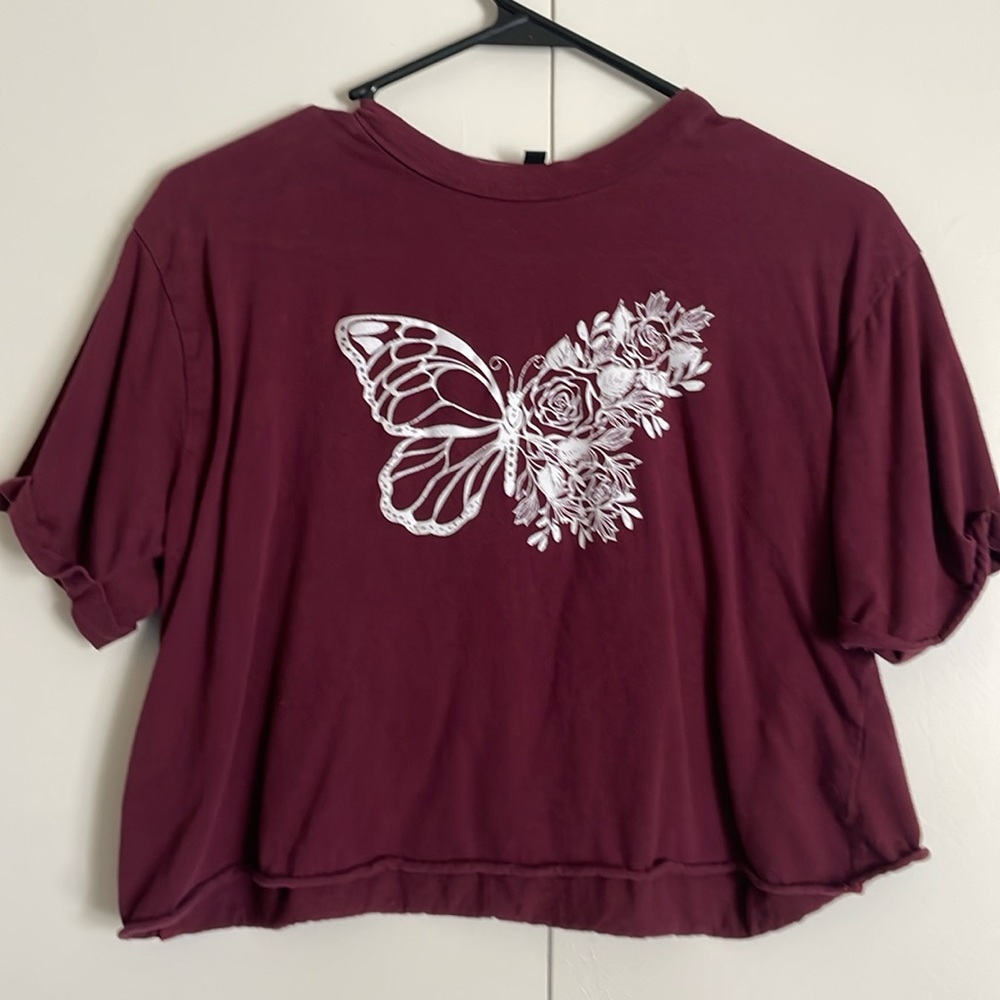 Burgundy/ Red/ Maroon Cropped Butterfly Flowy T-shirt